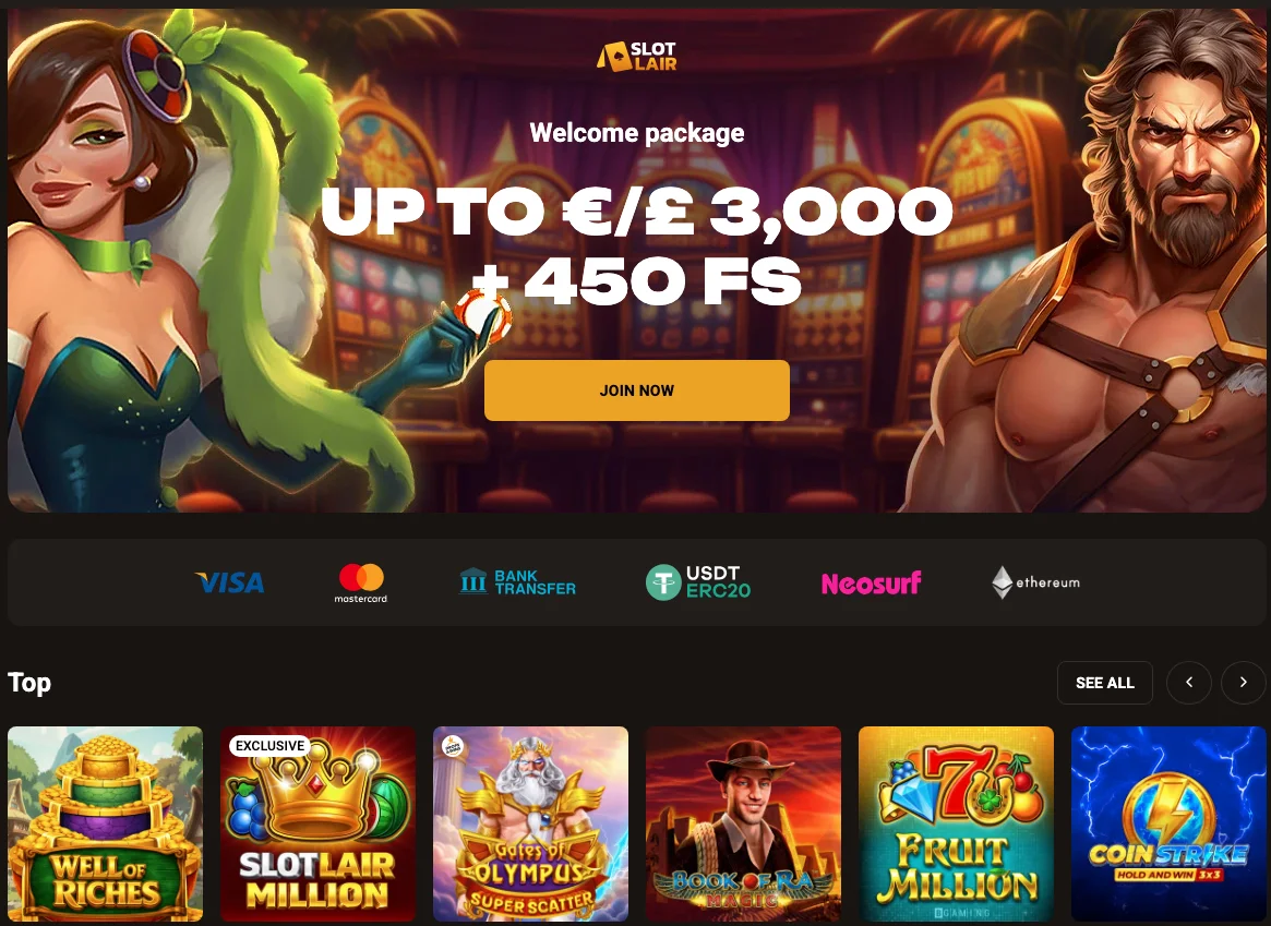Screenshot of a Slotlair Casino bonus and top games